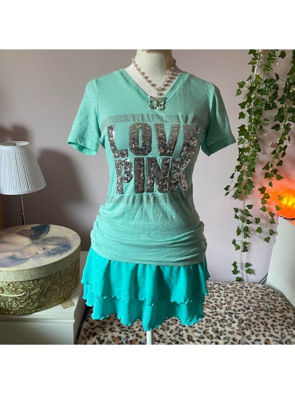 Y2K Victoria's Secret PINK teal tee with silver sequin details